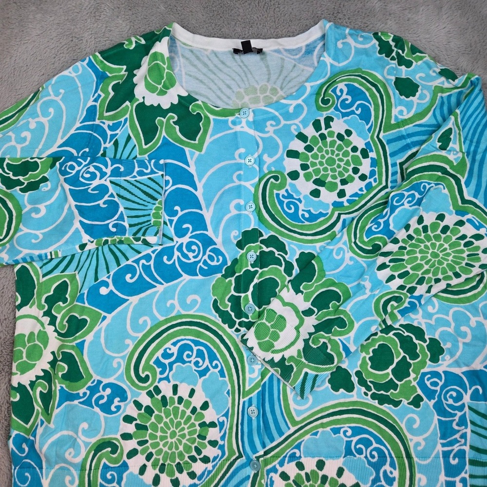 Talbots Cardigan Sweater Womens 2XP Floral Paisley Knit Button Front Blue Green